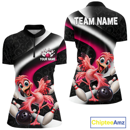 Funny Flamingo Bowling Team Shirt For Women Custom Bowling League Outfit Polo & 1/4 Quarter Zip NBT1044