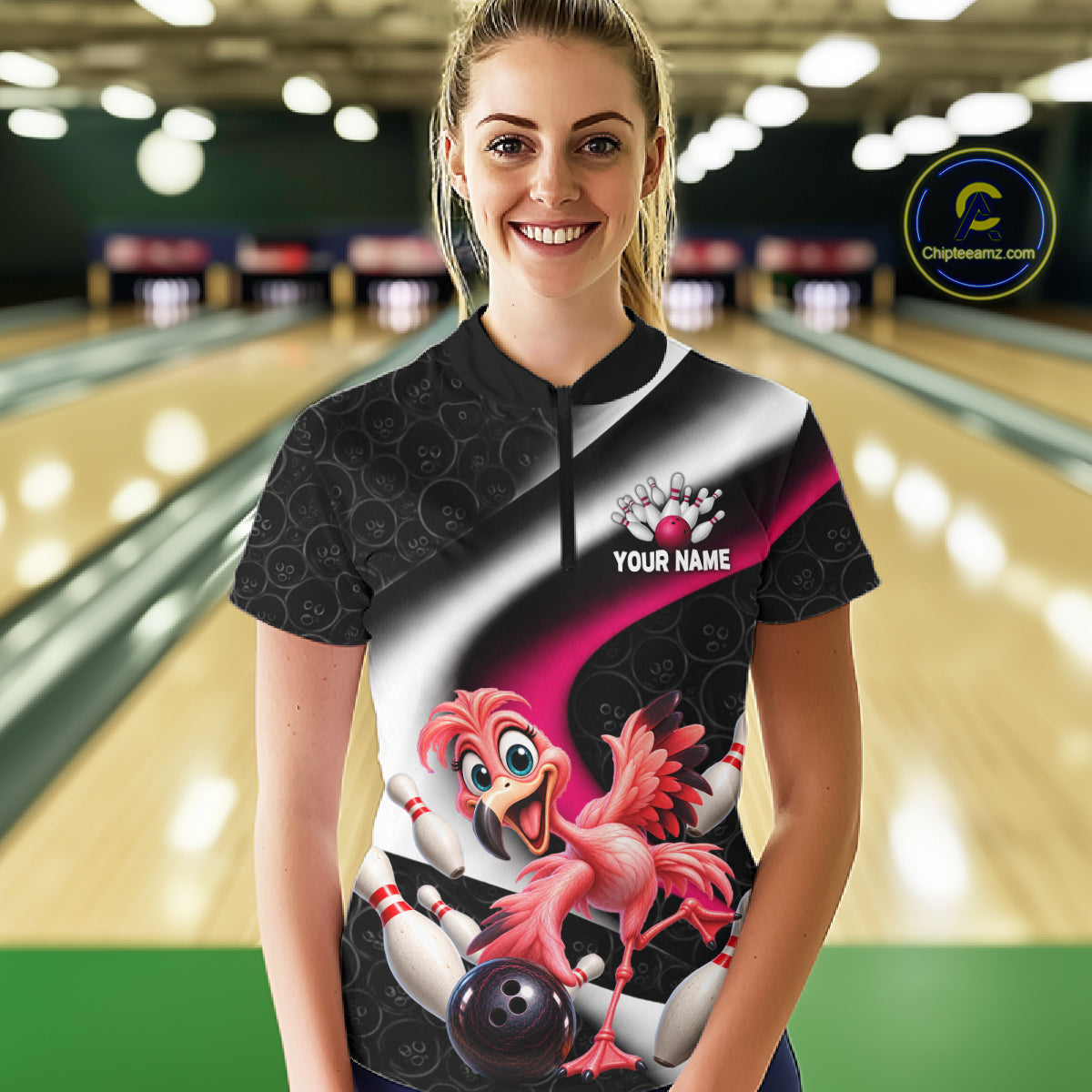 Funny Flamingo Bowling Team Shirt For Women Custom Bowling League Outfit Polo & 1/4 Quarter Zip NBT1044