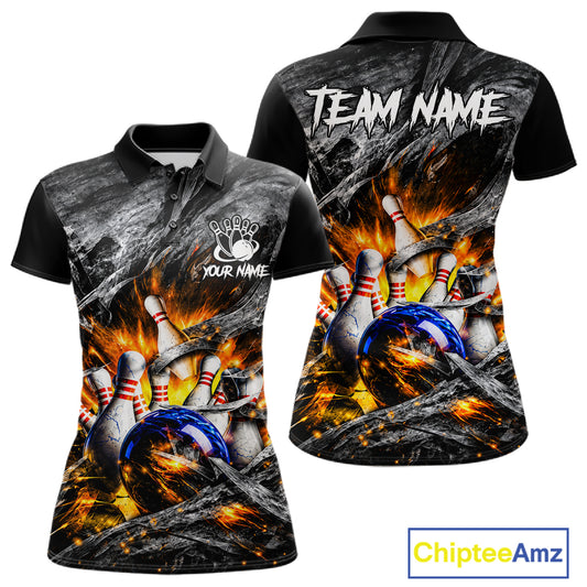 Custom Gray And Orange Flame Bowling Women Jerseys, Bowling League Shirt Bowlers Jerseys NBT1151
