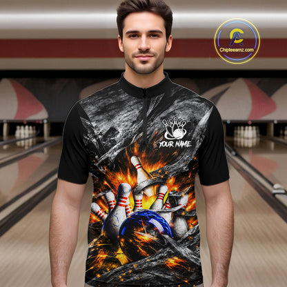 Custom Gray And Orange Flame Bowling Men Jerseys, Bowling League Shirt Bowlers Jerseys NBT1151