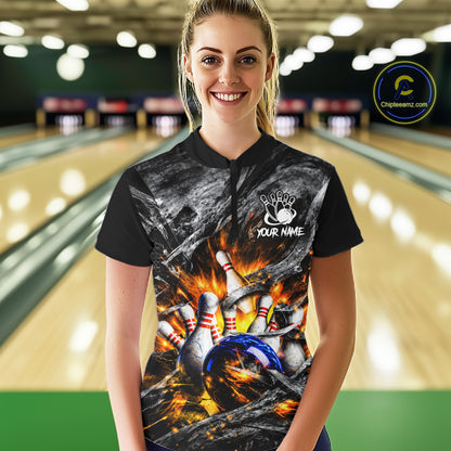 Custom Gray And Orange Flame Bowling Women Jerseys, Bowling League Shirt Bowlers Jerseys NBT1151