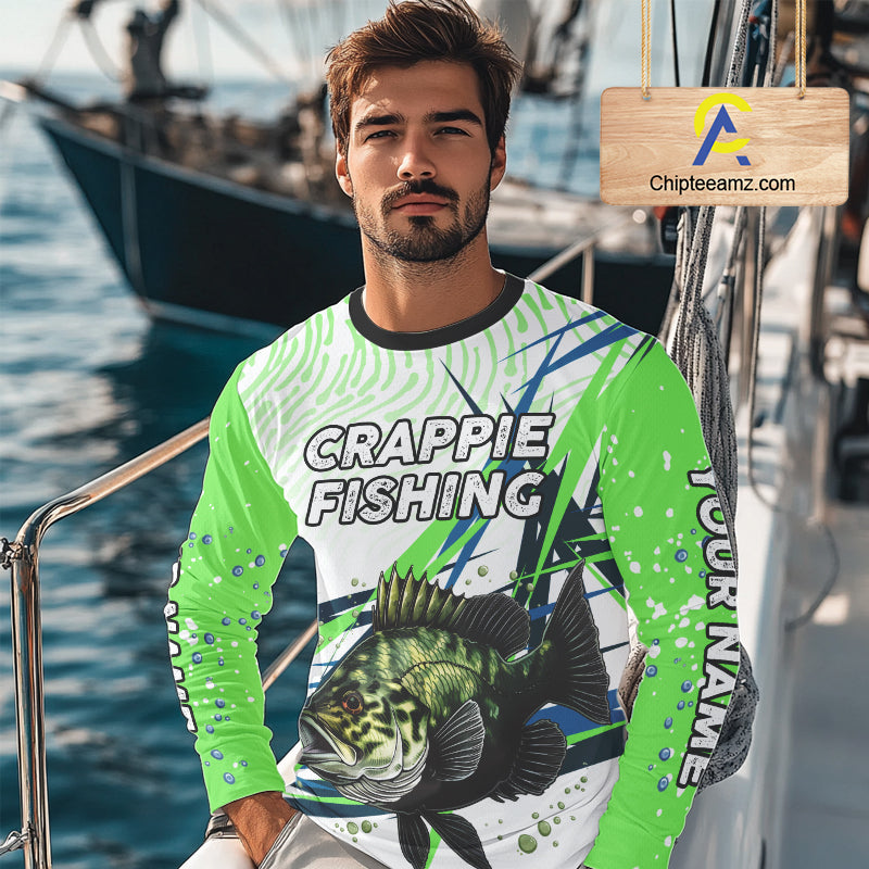 Custom Crappie Long Sleeve Fishing Shirts Green Custom Name, Tournament Fishing Shirts NBT364