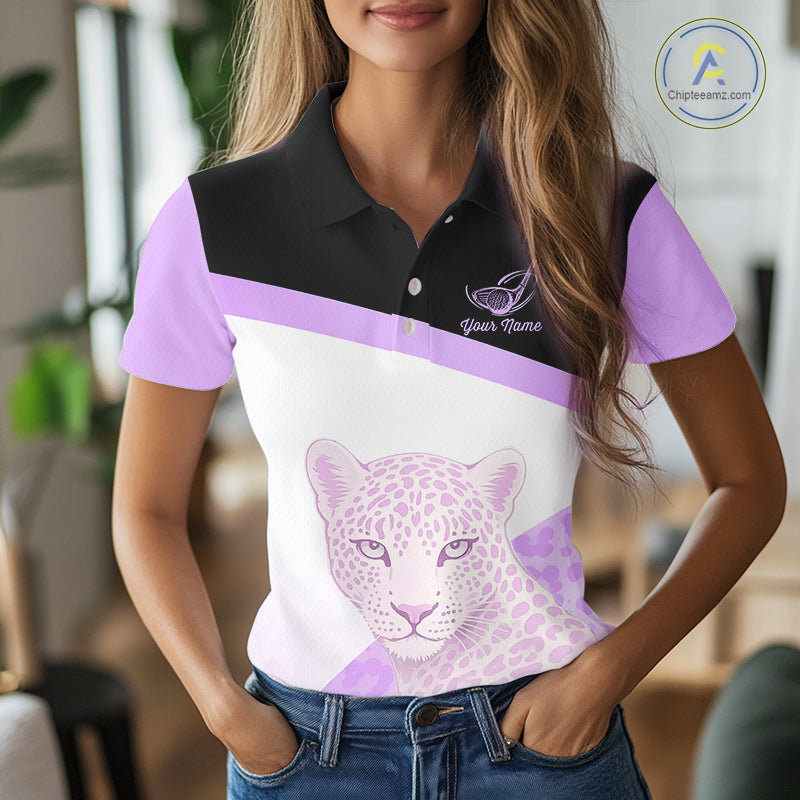 Leopard Womens Golf Polo Shirt Custom Purple Leopard Pattern Team Golf Tops, Golf Gifts NBT589