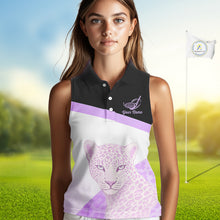 Load image into Gallery viewer, Leopard Womens Sleeveless Golf Polo Shirt Custom Purple Leopard Pattern Team Golf Tops, Golf Gifts NBT589