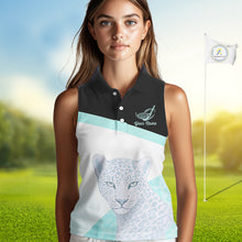 Load image into Gallery viewer, Leopard Womens Sleeveless Golf Polo Shirt Custom Teal Leopard Pattern Team Golf Tops, Golf Gifts NBT590