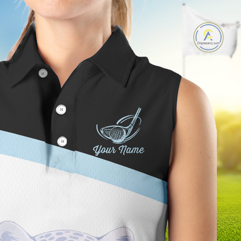 Leopard Womens Sleeveless Golf Polo Shirt Custom Blue Leopard Pattern Team Golf Tops, Golf Gifts NBT591