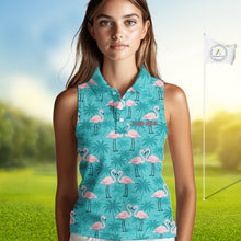 Load image into Gallery viewer, Womens Sleeveless Golf Polo Shirt Pink Flamingo Tropical Leaves Pattern Custom Team Flamingo Golf Polo Shirts NBT592