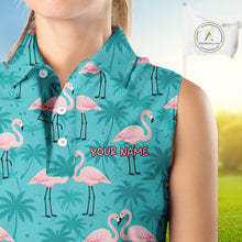 Load image into Gallery viewer, Womens Sleeveless Golf Polo Shirt Pink Flamingo Tropical Leaves Pattern Custom Team Flamingo Golf Polo Shirts NBT592