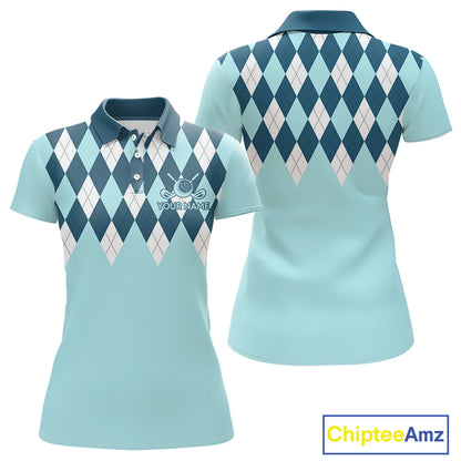 Blue Argyle Plaid Pattern Womens Golf Polo Shirt Custom Golf Polo Shirt For Ladies, Golfing Gifts NBT593