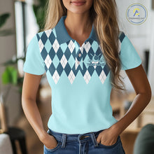 Load image into Gallery viewer, Blue Argyle Plaid Pattern Womens Golf Polo Shirt Custom Golf Polo Shirt For Ladies, Golfing Gifts NBT593