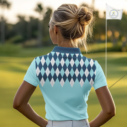 Blue Argyle Plaid Pattern Womens Golf Polo Shirt Custom Golf Polo Shirt For Ladies, Golfing Gifts NBT593