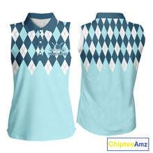 Load image into Gallery viewer, Blue Argyle Plaid Pattern Womens Sleeveless Golf Polo Shirt Custom Golf Polo Shirt For Ladies, Golfing Gifts NBT593