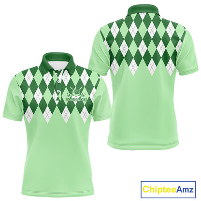 Green Argyle Plaid Pattern Mens Golf Polo Shirt Custom Golf Polo Shirt For Men, Golfing Gifts NBT594