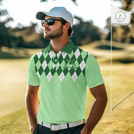Green Argyle Plaid Pattern Mens Golf Polo Shirt Custom Golf Polo Shirt For Men, Golfing Gifts NBT594