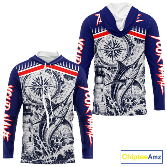 Front and back view of personalized Marlin blue long sleeve performance fishing shirt for tournaments with personalized name