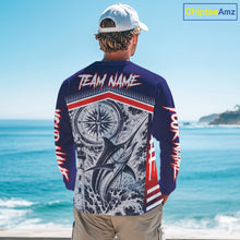 Load image into Gallery viewer, Angler wearing personalized Marlin blue long sleeve performance fishing shirt on the boat - back view with personalized name