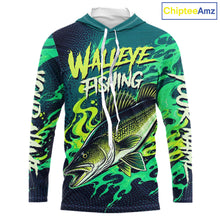 Load image into Gallery viewer, Front view of custom Walleye fishing green camo long sleeve hooded fishing shirt with personalized name