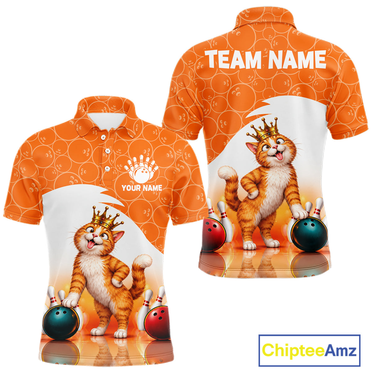 Custom Funny Cat Orange Bowling Jersey For Men Bowling Polo & 1/4 Zip Bowling Team Shirts NBT1152