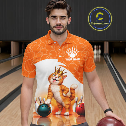 Custom Funny Cat Orange Bowling Jersey For Men Bowling Polo & 1/4 Zip Bowling Team Shirts NBT1152