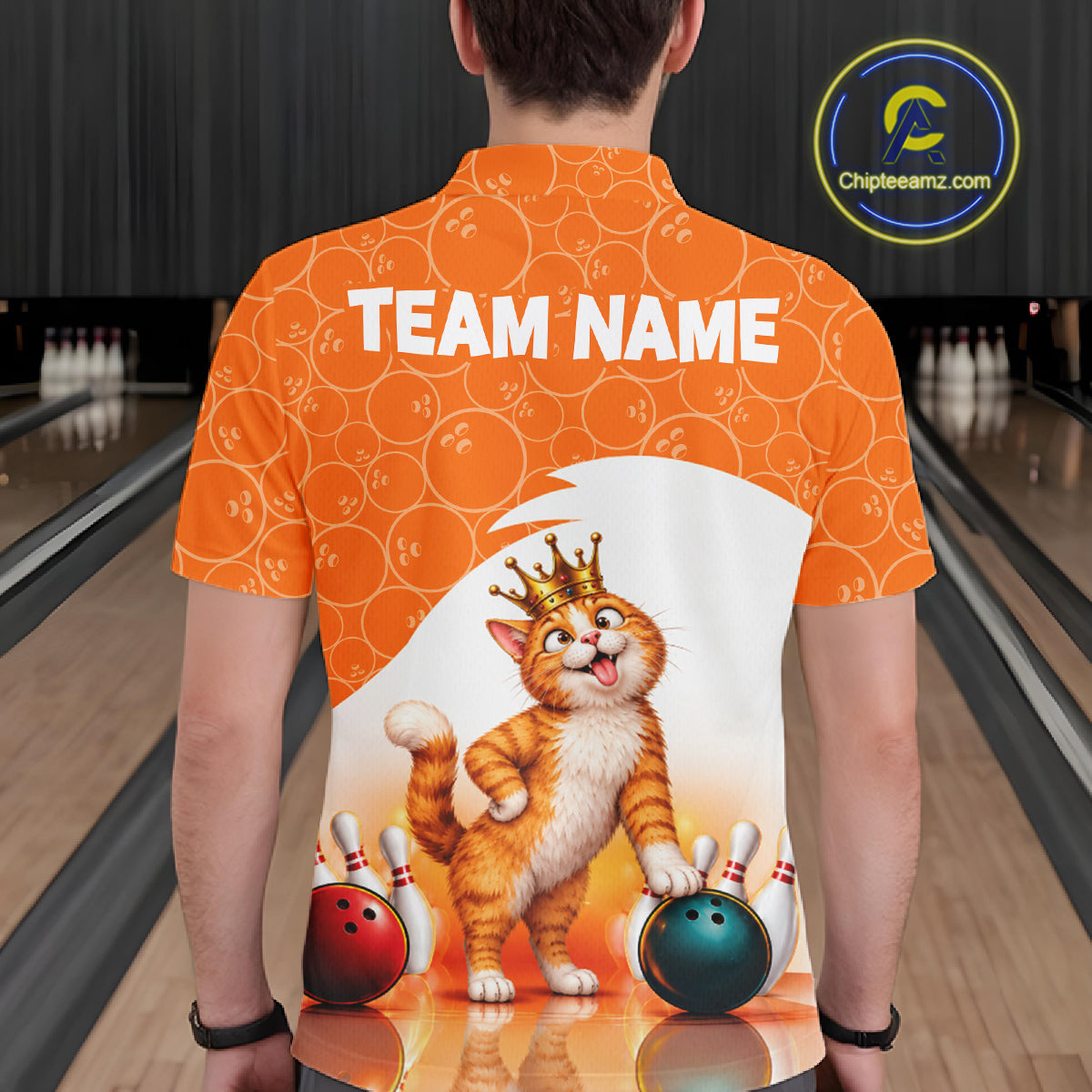 Custom Funny Cat Orange Bowling Jersey For Men Bowling Polo & 1/4 Zip Bowling Team Shirts NBT1152
