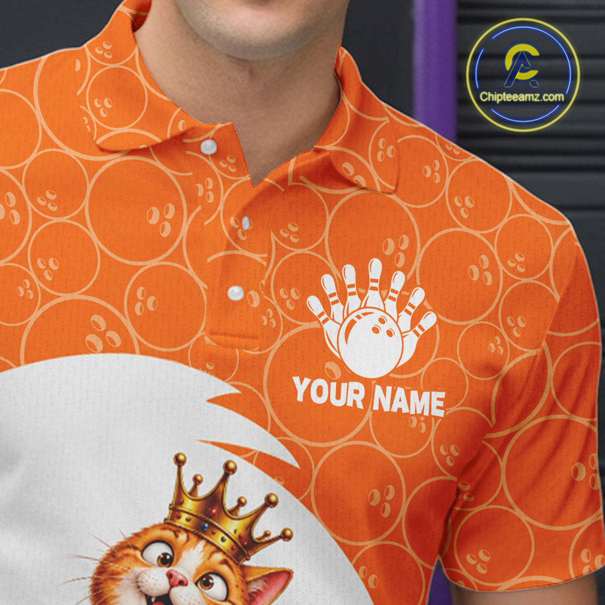 Custom Funny Cat Orange Bowling Jersey For Men Bowling Polo & 1/4 Zip Bowling Team Shirts NBT1152