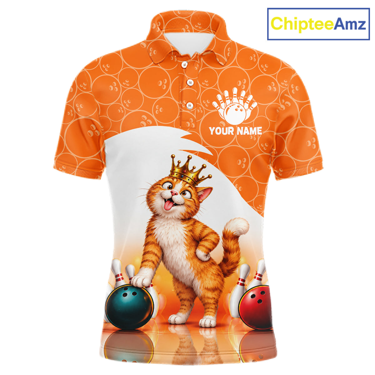 Custom Funny Cat Orange Bowling Jersey For Men Bowling Polo & 1/4 Zip Bowling Team Shirts NBT1152