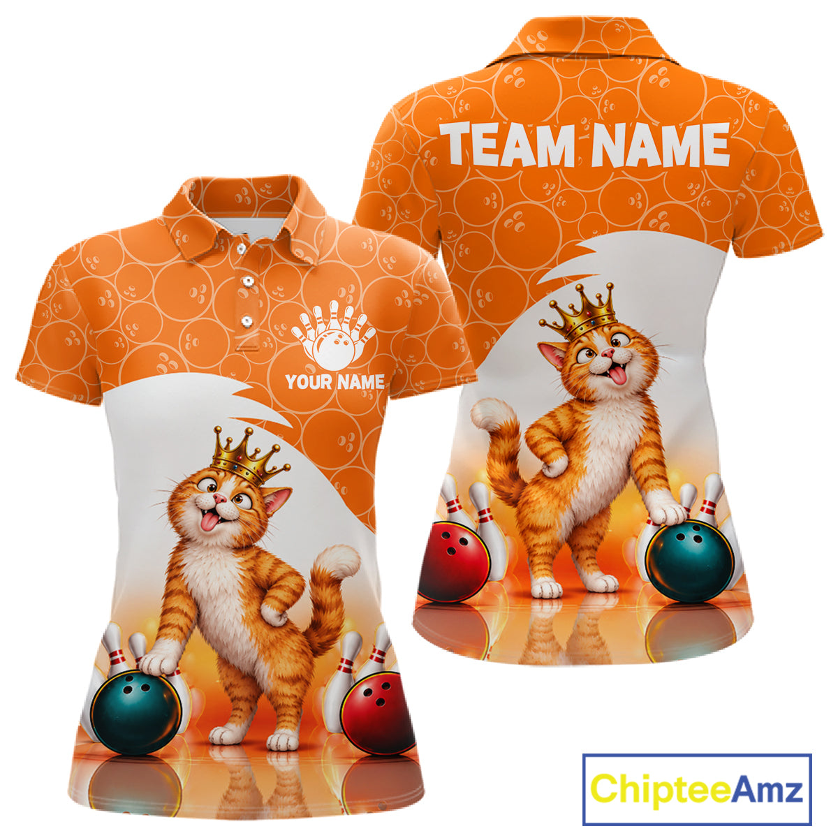 Custom Funny Cat Orange Bowling Jersey For Women Bowling Polo & 1/4 Zip Bowling Team Shirts NBT1152