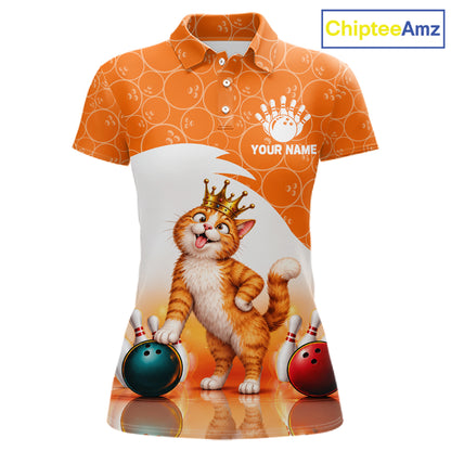 Custom Funny Cat Orange Bowling Jersey For Women Bowling Polo & 1/4 Zip Bowling Team Shirts NBT1152