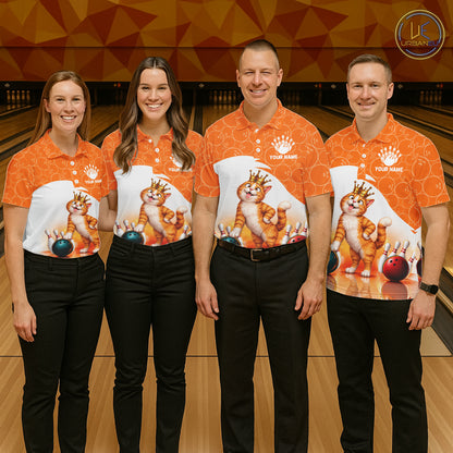 Custom Funny Cat Orange Bowling Jersey For Men Bowling Polo & 1/4 Zip Bowling Team Shirts NBT1152