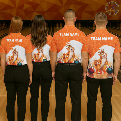 Custom Funny Cat Orange Bowling Jersey For Men Bowling Polo & 1/4 Zip Bowling Team Shirts NBT1152
