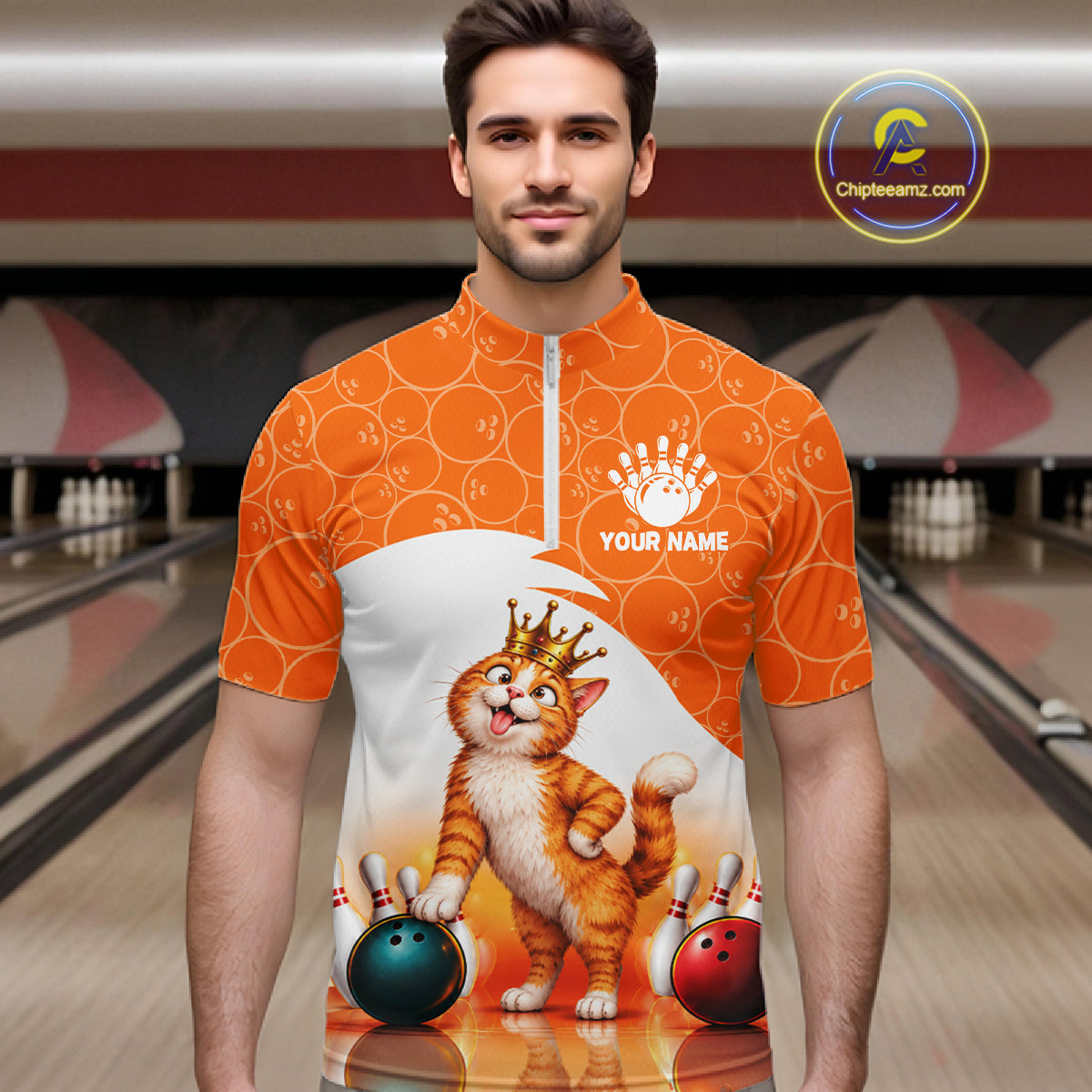 Custom Funny Cat Orange Bowling Jersey For Men Bowling Polo & 1/4 Zip Bowling Team Shirts NBT1152