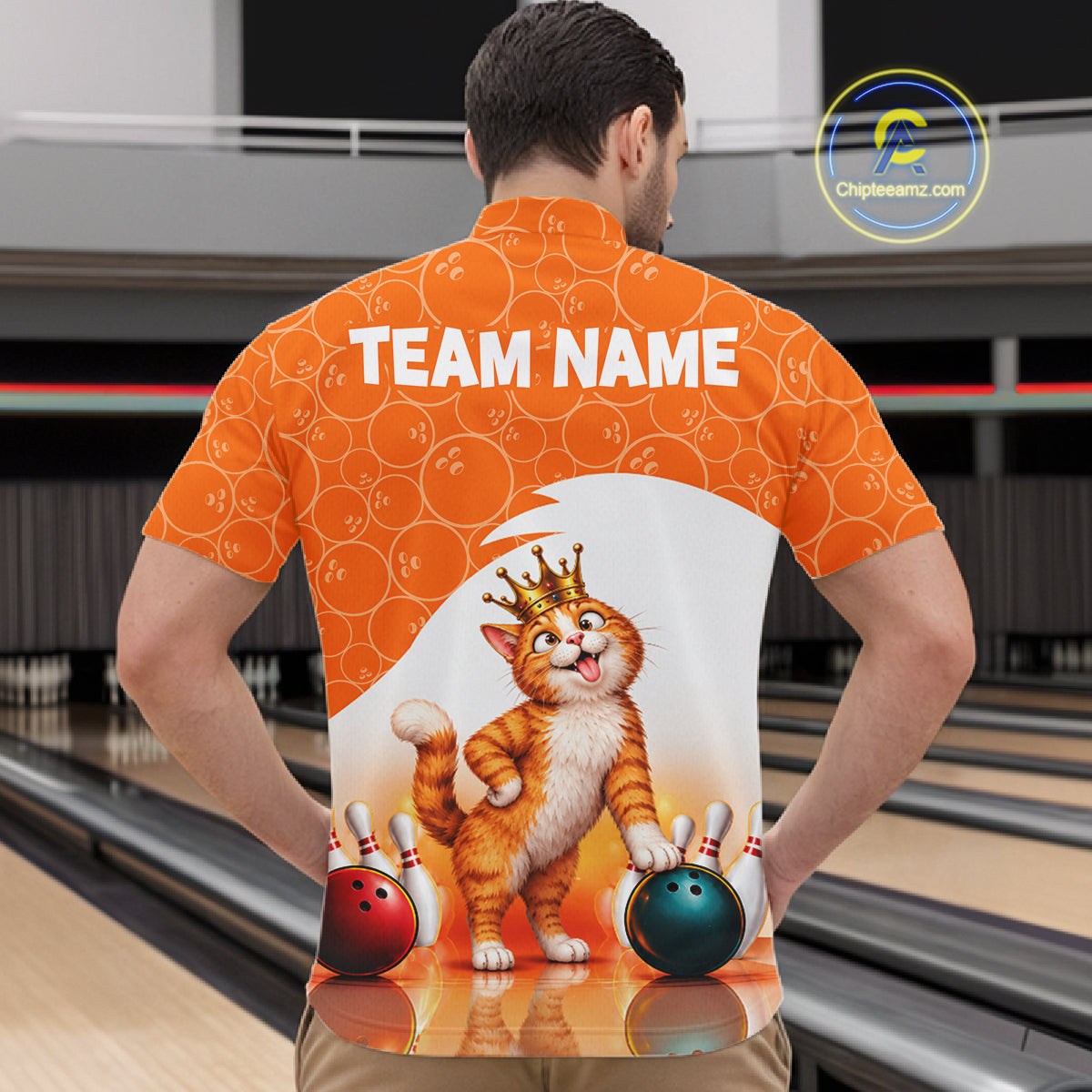 Custom Funny Cat Orange Bowling Jersey For Men Bowling Polo & 1/4 Zip Bowling Team Shirts NBT1152