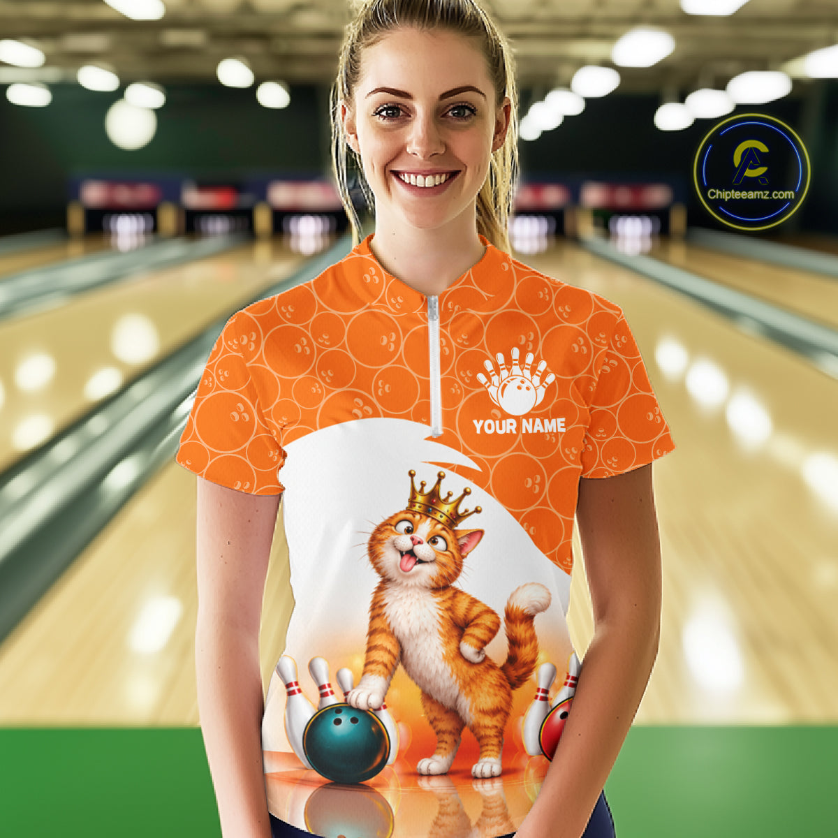 Custom Funny Cat Orange Bowling Jersey For Women Bowling Polo & 1/4 Zip Bowling Team Shirts NBT1152