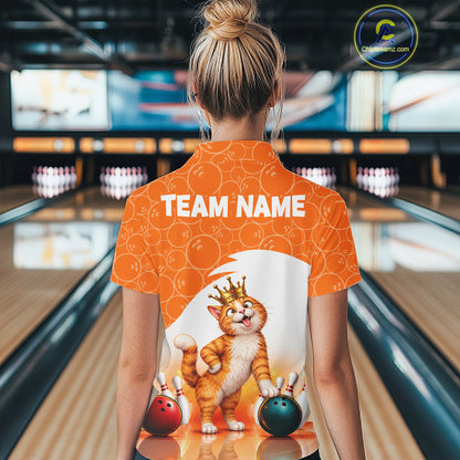 Custom Funny Cat Orange Bowling Jersey For Women Bowling Polo & 1/4 Zip Bowling Team Shirts NBT1152
