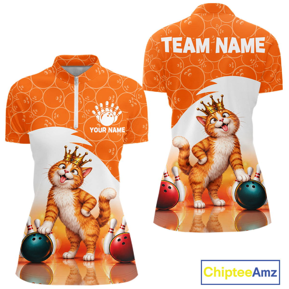 Custom Funny Cat Orange Bowling Jersey For Women Bowling Polo & 1/4 Zip Bowling Team Shirts NBT1152