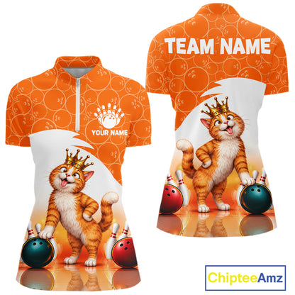 Custom Funny Cat Orange Bowling Jersey For Women Bowling Polo & 1/4 Zip Bowling Team Shirts NBT1152