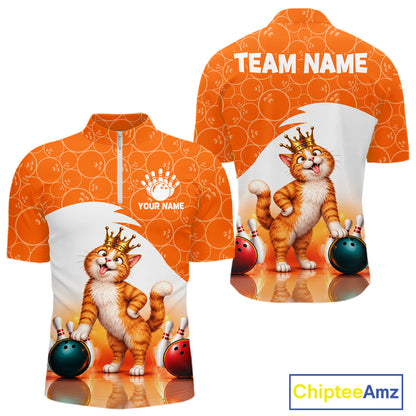 Custom Funny Cat Orange Bowling Jersey For Men Bowling Polo & 1/4 Zip Bowling Team Shirts NBT1152