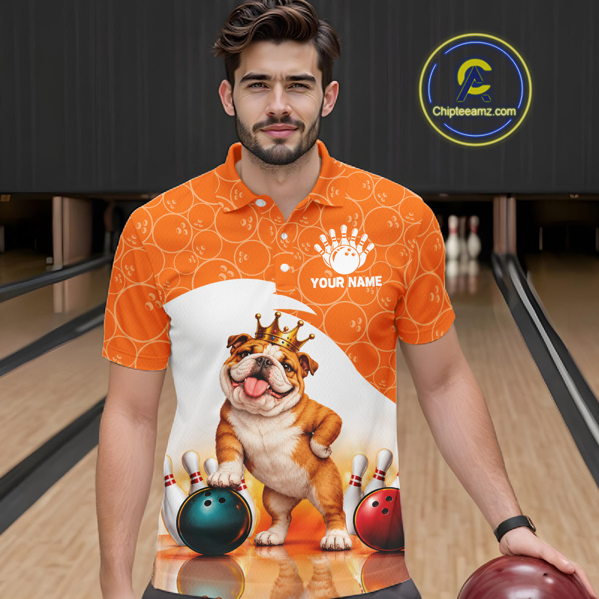 Custom Funny Bull Dog Orange Bowling Jersey For Men Bowling Polo & 1/4 Zip Bowling Team Shirts NBT1153