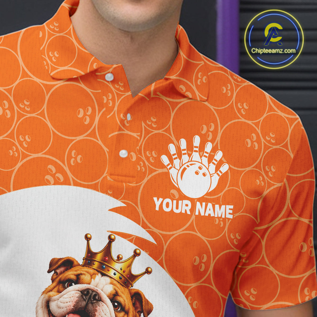 Custom Funny Bull Dog Orange Bowling Jersey For Men Bowling Polo & 1/4 Zip Bowling Team Shirts NBT1153