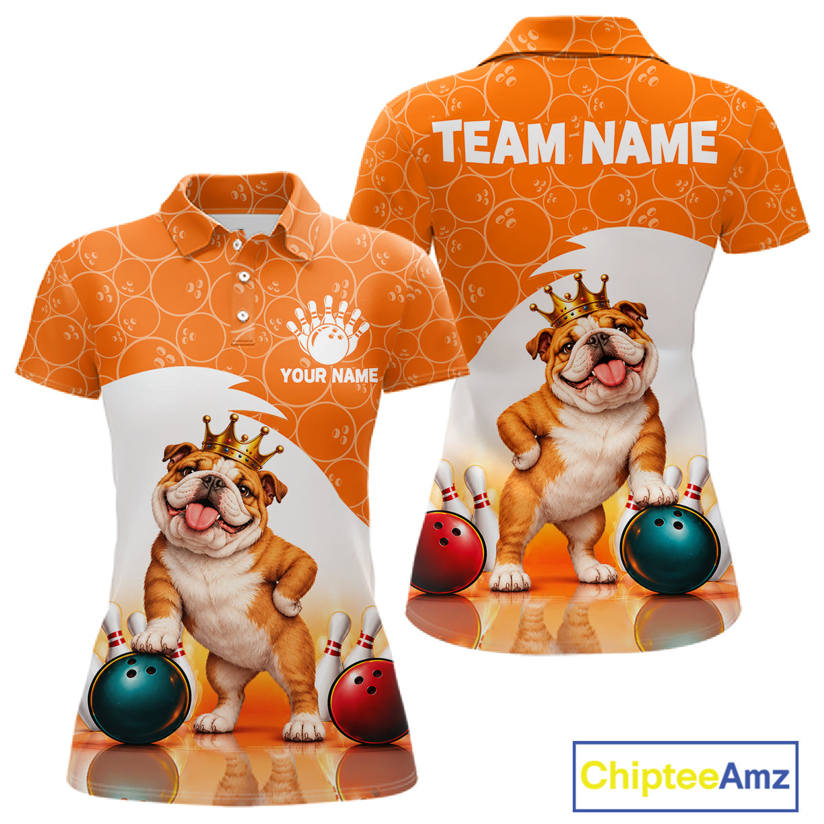 Custom Funny Bull Dog Orange Bowling Jersey For Women Bowling Polo & 1/4 Zip Bowling Team Shirts NBT1153