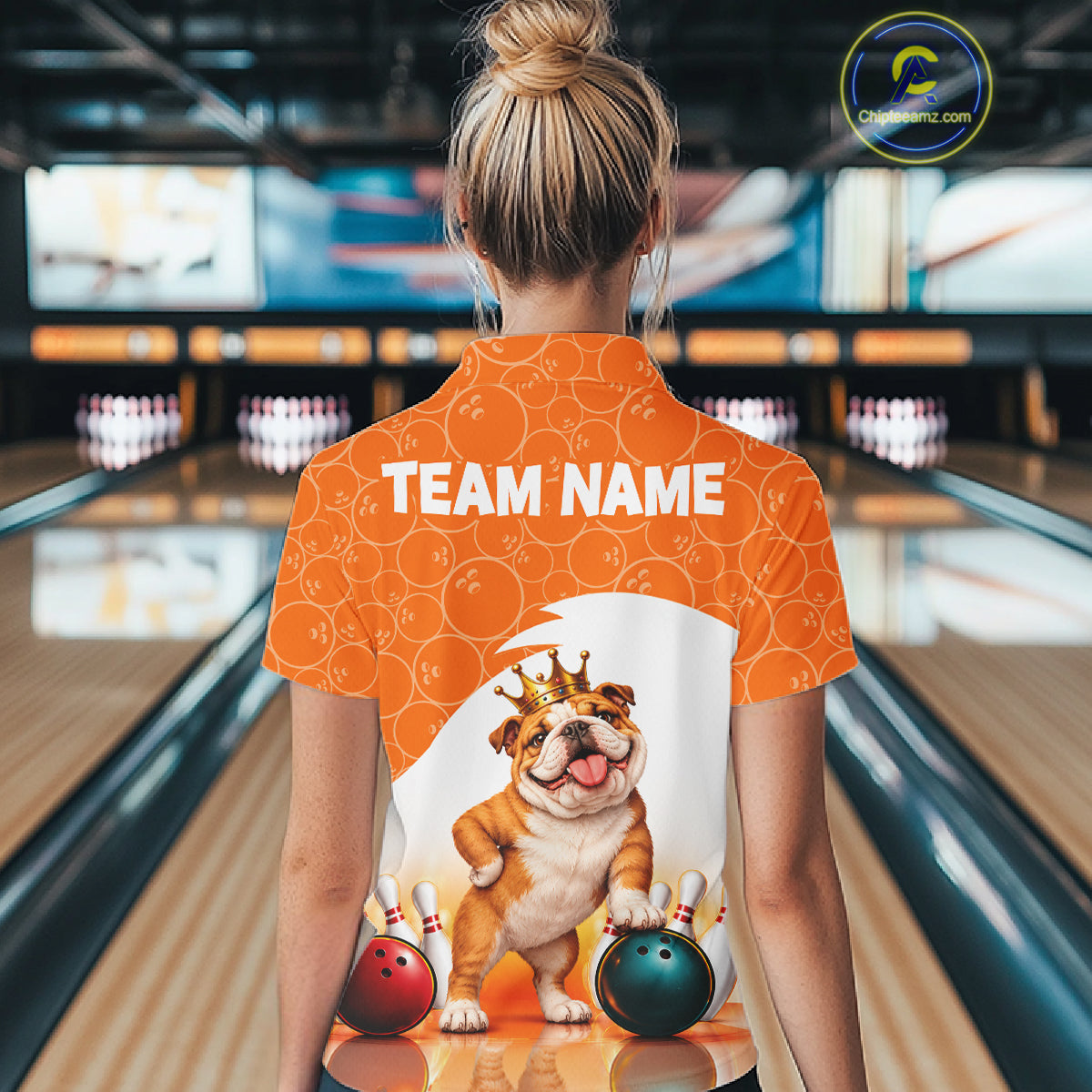 Custom Funny Bull Dog Orange Bowling Jersey For Women Bowling Polo & 1/4 Zip Bowling Team Shirts NBT1153