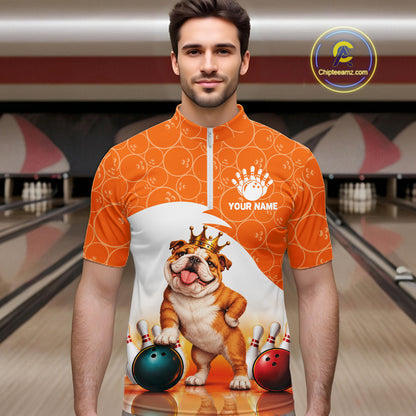 Custom Funny Bull Dog Orange Bowling Jersey For Men Bowling Polo & 1/4 Zip Bowling Team Shirts NBT1153