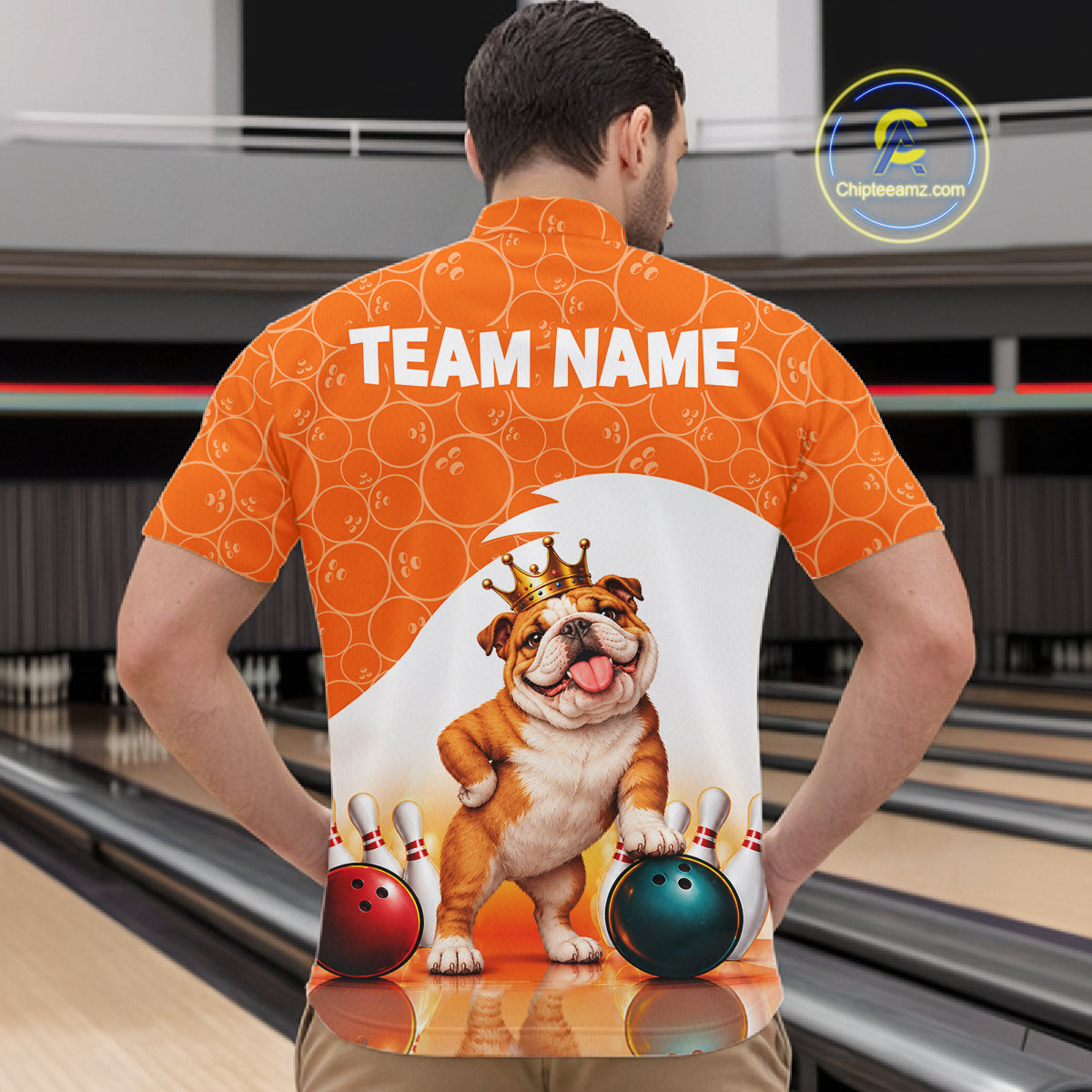 Custom Funny Bull Dog Orange Bowling Jersey For Men Bowling Polo & 1/4 Zip Bowling Team Shirts NBT1153