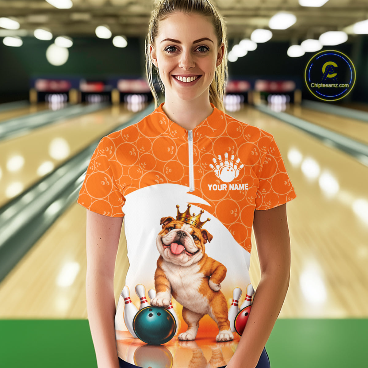 Custom Funny Bull Dog Orange Bowling Jersey For Women Bowling Polo & 1/4 Zip Bowling Team Shirts NBT1153