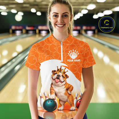 Custom Funny Bull Dog Orange Bowling Jersey For Women Bowling Polo & 1/4 Zip Bowling Team Shirts NBT1153