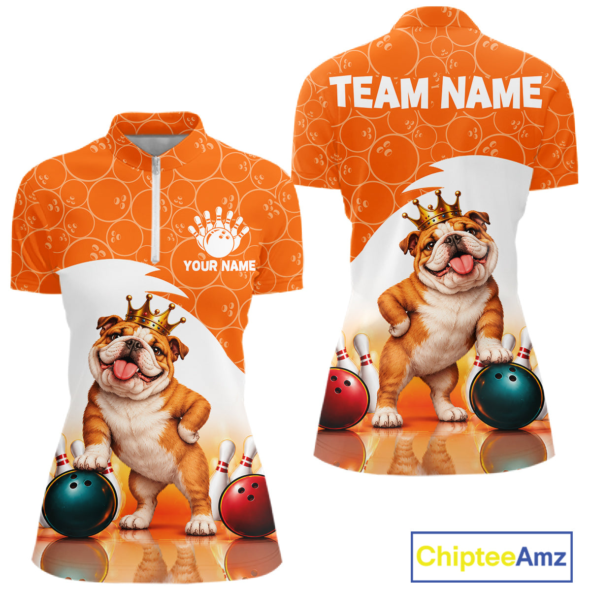 Custom Funny Bull Dog Orange Bowling Jersey For Women Bowling Polo & 1/4 Zip Bowling Team Shirts NBT1153