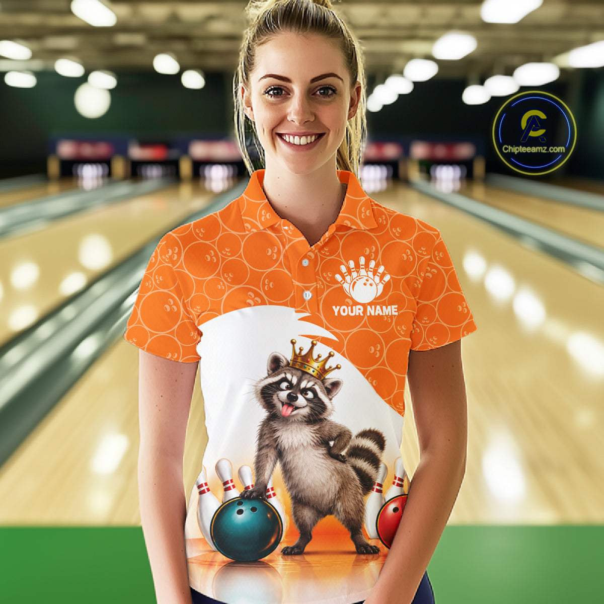 Custom Funny Raccoon Orange Bowling Jersey For Women Bowling Polo & 1/4 Zip Bowling Team Shirts NBT1155
