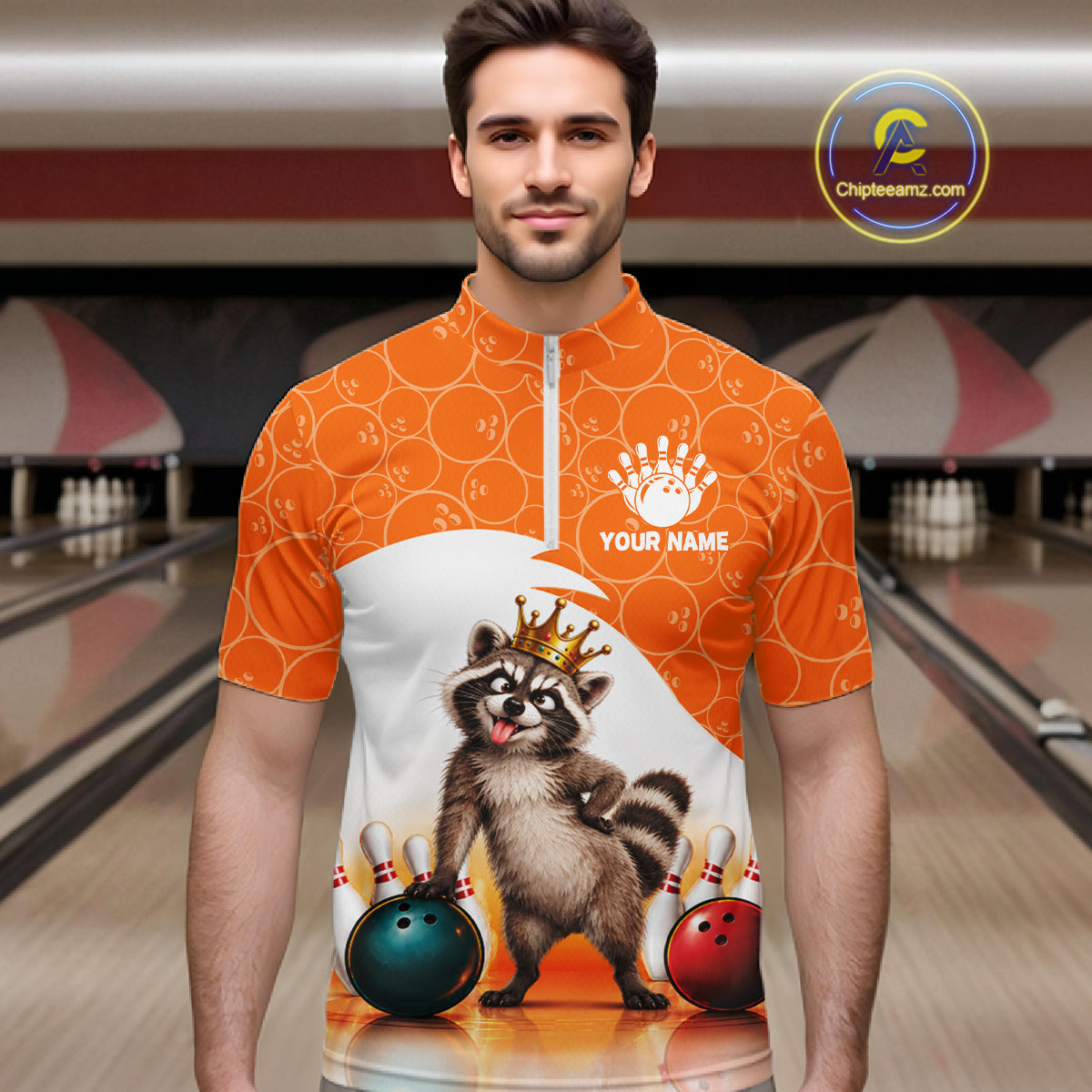 Custom Funny Raccoon Orange Bowling Jersey For Men Bowling Polo & 1/4 Zip Bowling Team Shirts NBT1155