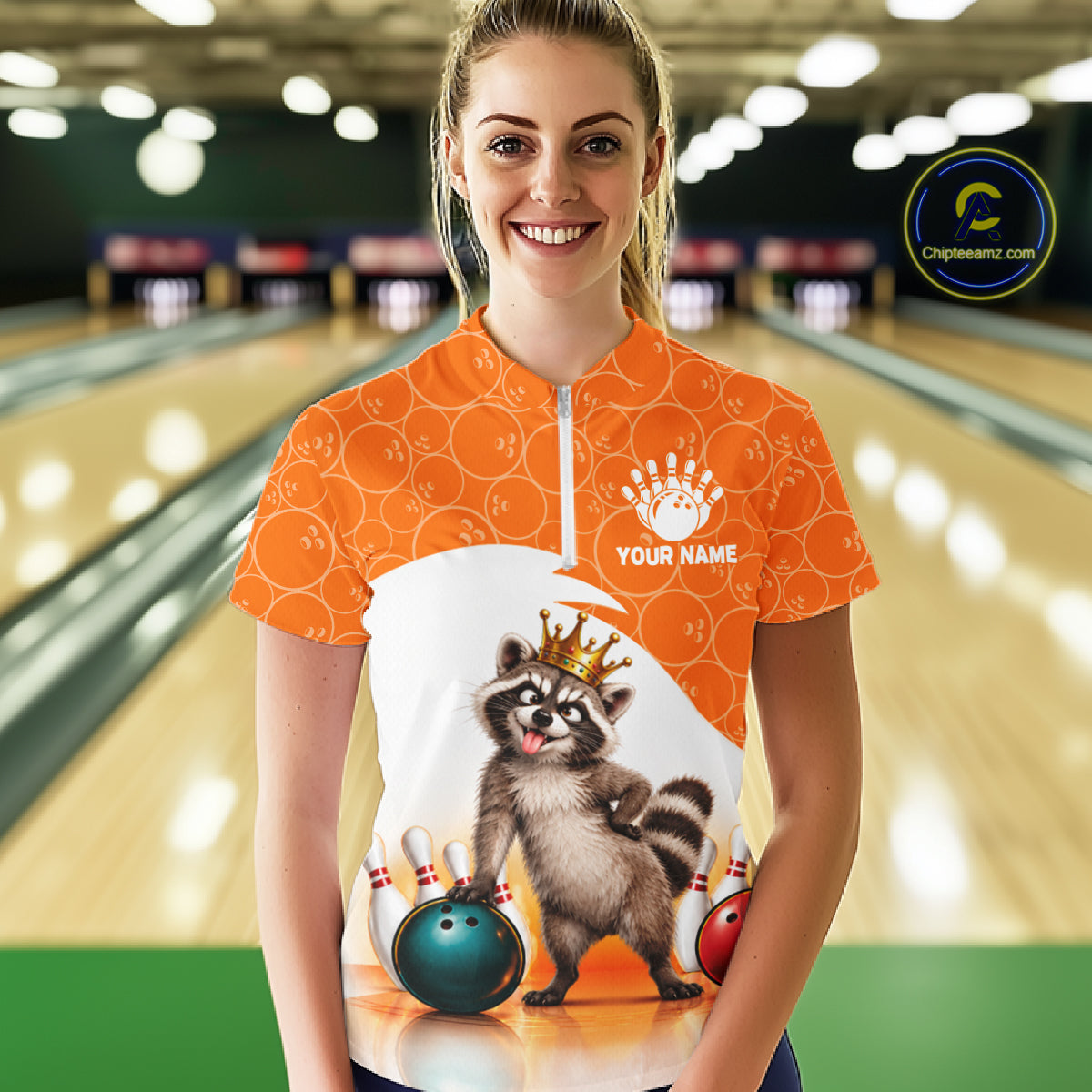 Custom Funny Raccoon Orange Bowling Jersey For Women Bowling Polo & 1/4 Zip Bowling Team Shirts NBT1155
