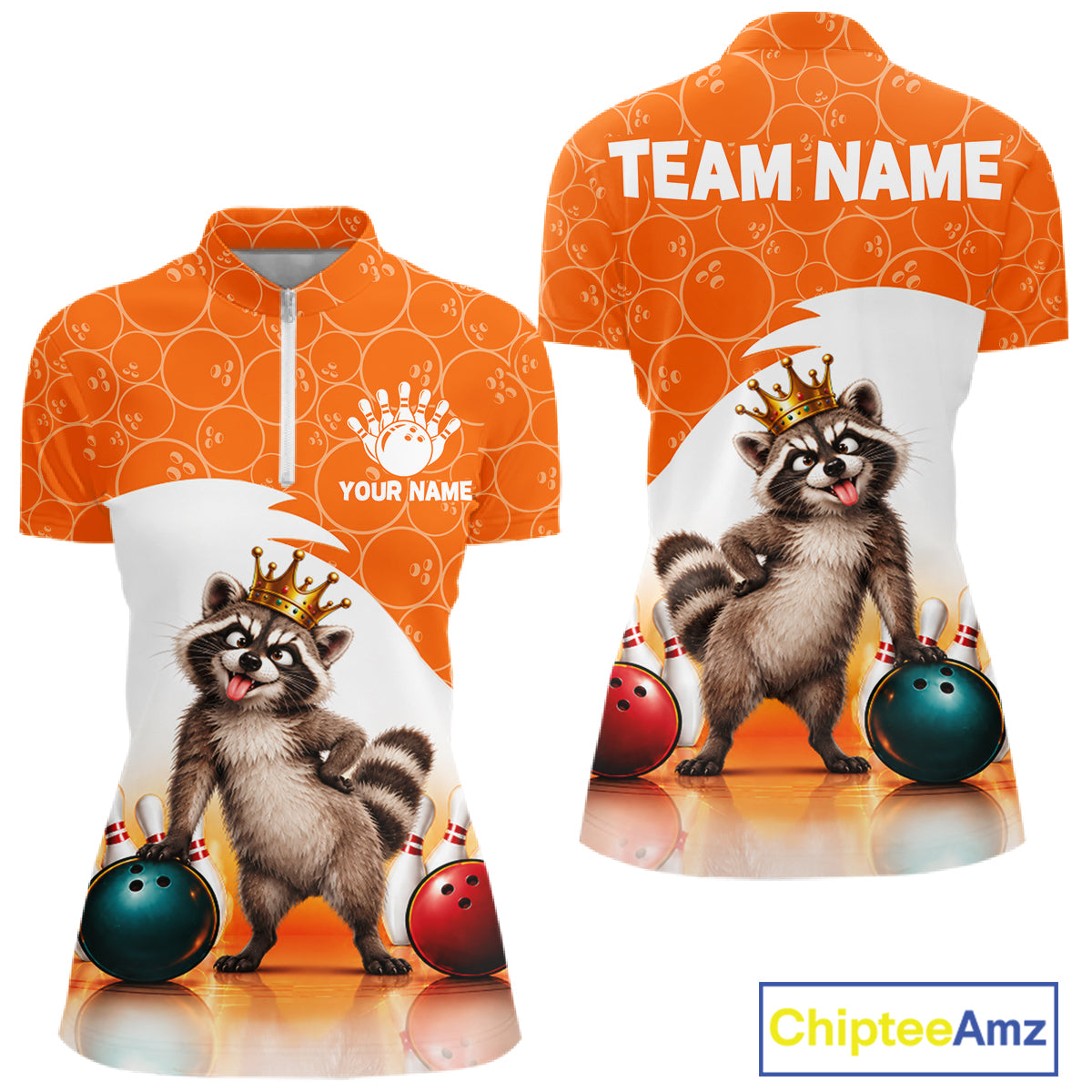 Custom Funny Raccoon Orange Bowling Jersey For Women Bowling Polo & 1/4 Zip Bowling Team Shirts NBT1155